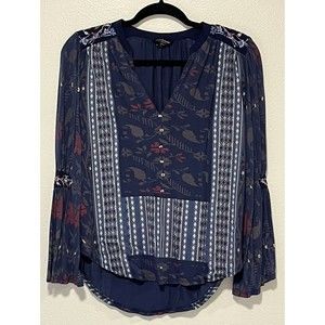 Lucky Brand Popover Top Size XS Floral Geo Print Boho Colorful Floral Peasant